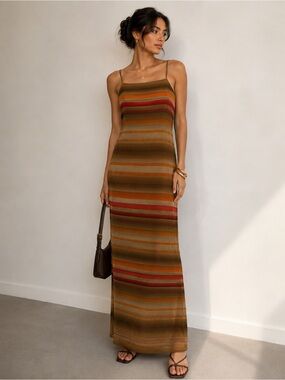 Zara Olive, Rust & Red Striped Maxi Slip Dress